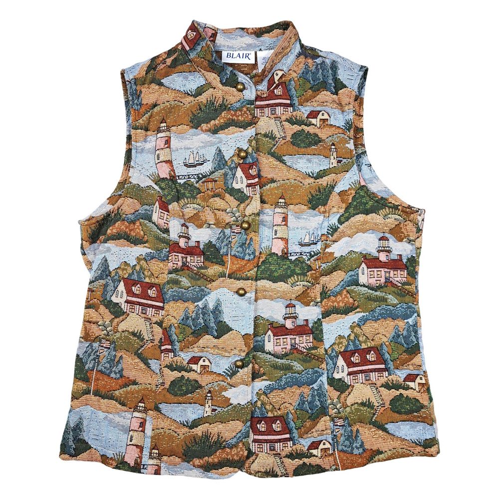 Blair Lighthouse Tapestry Vest M Nautical Cottagecore 90s Coastal Grandma Vtg